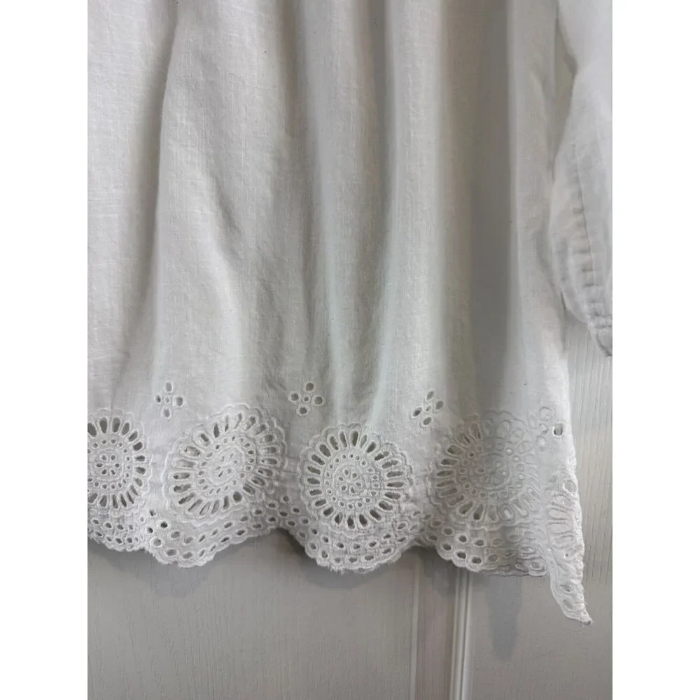 J.Crew Womens Small White Linen Cotton Eyelet Embroidered Peasant Tunic Blouse